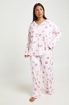 Plus Valentines Stripe Cocktails and Cherries Print Long Sleeve Shirt & Trouser Pyjama Set