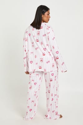 Plus Valentines Stripe Cocktails and Cherries Print Long Sleeve Shirt & Trouser Pyjama Set