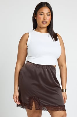 Plus Satin Lace Trim Mini Skirt