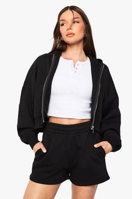 Petite Boxy Balloon Sleeve Oversized Zip Through Hoodie