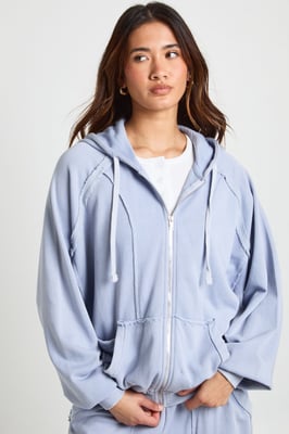 Washed Loopback Distressed Oversized Zip Through Hoodie