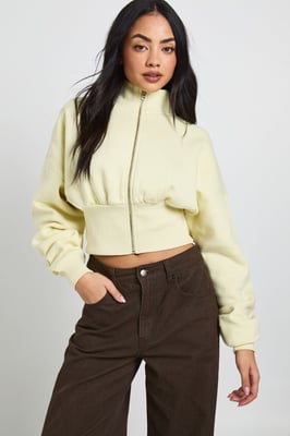 Funnel Neck Cinched Waist Zip Through