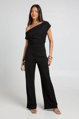 Jersey Crepe Drape Shoulder Wide Leg Jumpsuit