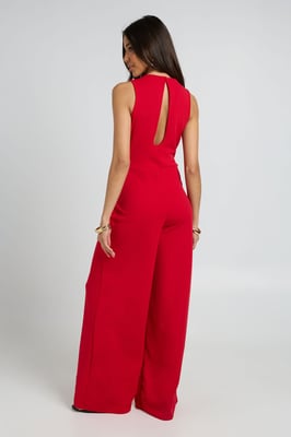 Belted Gold Trim Detail Wide Leg Jumpsuit