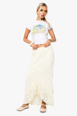 Ruffle Lace Asymmetric Hem Midi Skirt