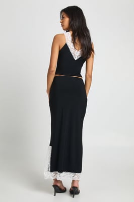 Contrast Lace Trim Split Hem Midi Skirt