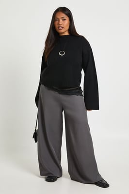 Plus Woven Elasticated Waist Drawstring Wide Leg Trouser