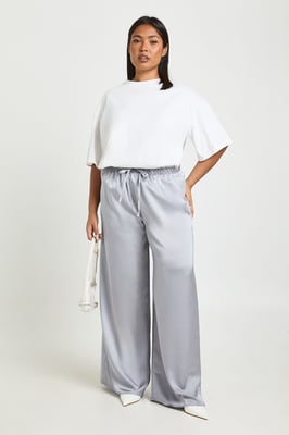 Plus Satin Drawstring Waist Wide Leg Trouser