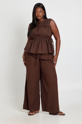 Plus Cotton Poplin Drawstring Wide Leg Trousers