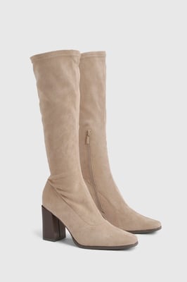 Faux Suede Block Stacked Heel Knee High Boots