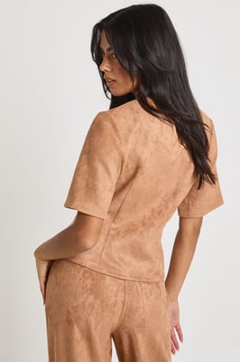 Suede Cinch Waist High Neck Tee