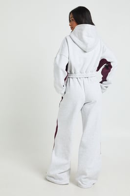 Petite Contrast Panel Zip Through Hoodie Wide Leg Jogger Tracksuit