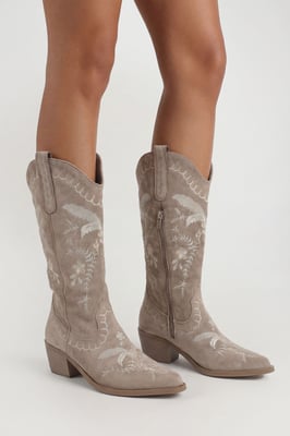Faux Suede Embroidered Detail Calf High Western Boots