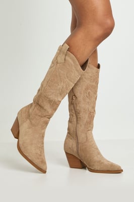 Faux Suede Embroidered Knee High Western Boots