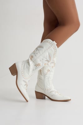 Embroidered Detail Calf High Western Boots