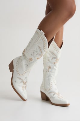 Embroidered Detail Calf High Western Boots