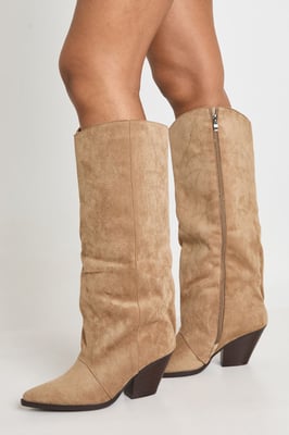 Faux Suede Embroidered Column Western Boots