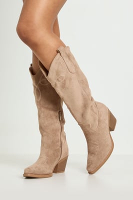 Faux Suede Tab Detail Knee High Western Boots