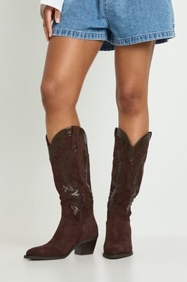 Faux Suede Contrast Detail Knee High Western Boots