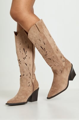 Faux Suede Cut Out Detail Western Boots
