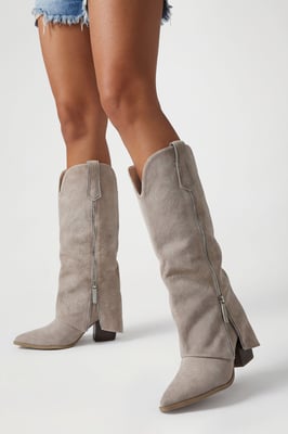 Faux Suede Zip Detail Fold Over Western Cowboy Boots