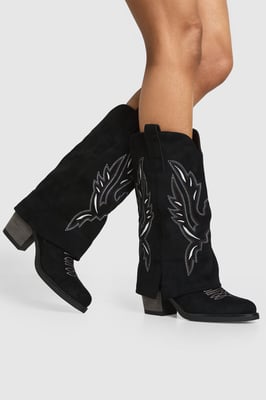 Faux Suede Fold Over Contrast Embroidery Western Boots