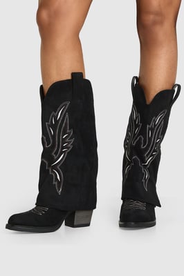 Faux Suede Fold Over Contrast Embroidery Western Boots