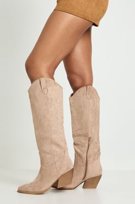 Faux Suede Embroidered Knee High Western Boots