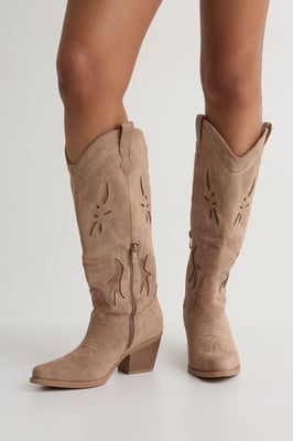 Faux Suede Cut Out Detail Knee High Western Boots
