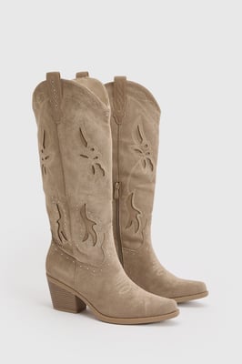 Faux Suede Cut Out Detail Knee High Western Boots
