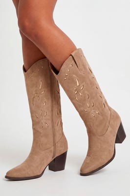 Faux Suede Cut Out Detail Embroidered Western Cowboy Boots