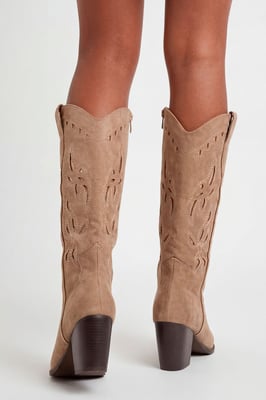 Faux Suede Cut Out Detail Embroidered Western Cowboy Boots