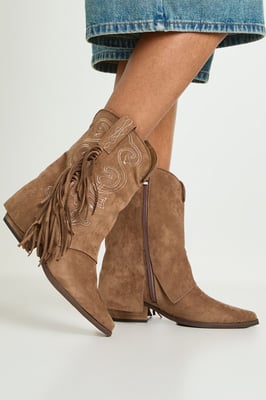 Faux Suede Fold Over Tassel Detail Calf High Western Boots