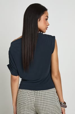 Cupro Ruched Asymmetric Sleeve Drape  Top
