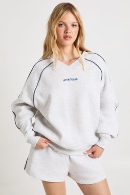 Petite Ath Club Embroidered V Neck Piping Short Tracksuit
