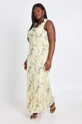 Plus Floral Chiffon Ruffle Detail Maxi Slip Dress