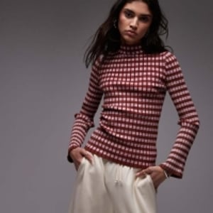 Topshop knitted plated check long sleeve top in multi