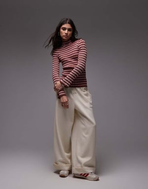 Topshop knitted plated check long sleeve top in multi