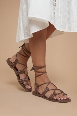 Carla Faux Leather Studded Gillie Wrap Flat Sandals