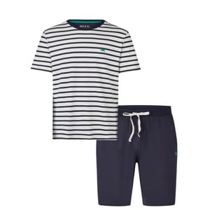 Phil & Co Heren shortama korte pyjama set crème/donkerblauw gestreept