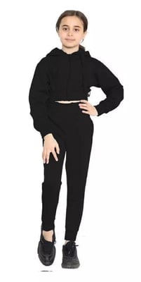 Girls Black Tracksuit Set Crop Zipped Kids Hooded Long Sleeve Trouser
