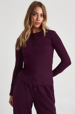 Rib Button Through Long Sleeve Top