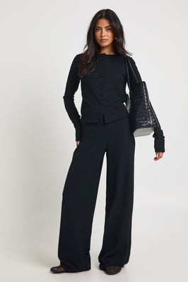 Tall Rib Button Through Long Sleeve Top and Wide Leg Trouser Co-ord