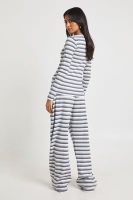 Stripe Rib Button Through Long Sleeve Top & Trouser Co Ord