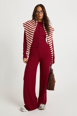 Rib Button Through Long Sleeve Top and Wide Leg Trouser Co-ord