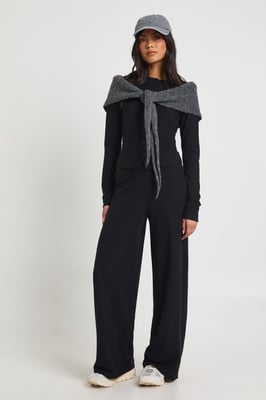 Petite Rib Button Through Long Sleeve Top and Wide Leg Trouser Co-ord