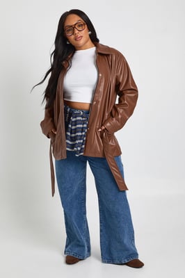 Plus PU Belted Trench Coat
