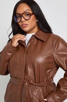 Plus PU Belted Trench Coat