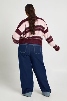 Plus Crew Neck Fluffy Stripe Cardigan