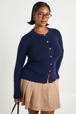 Plus Gold Button Crew Neck Peplum Cardigan